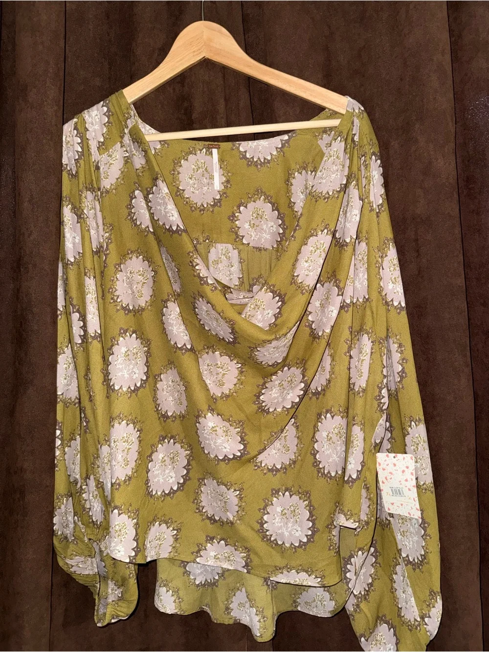 Free People Olive Green Floral Draped Blouse